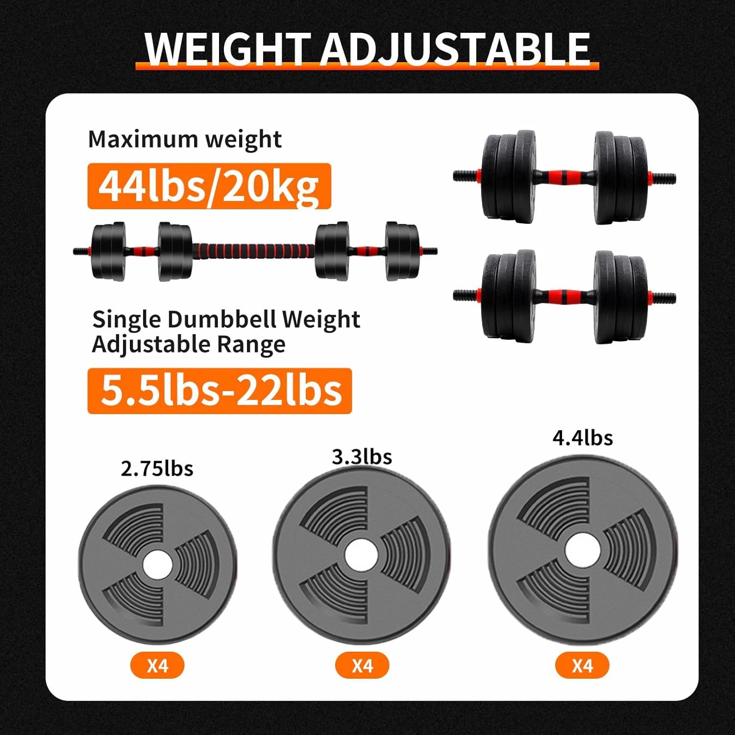 5-44lbs Adjustable Dumbbell to Barbell Set, Anti-Slip Grip, Versatile Home Gym