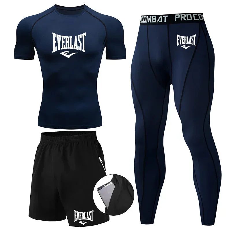 Everlast Men's Sports Fitness Set Long Sleeve Tight+Shorts+Compression Pants