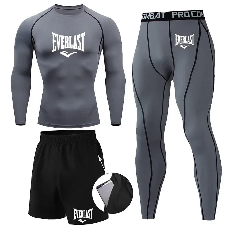Everlast Men's Sports Fitness Set Long Sleeve Tight+Shorts+Compression Pants