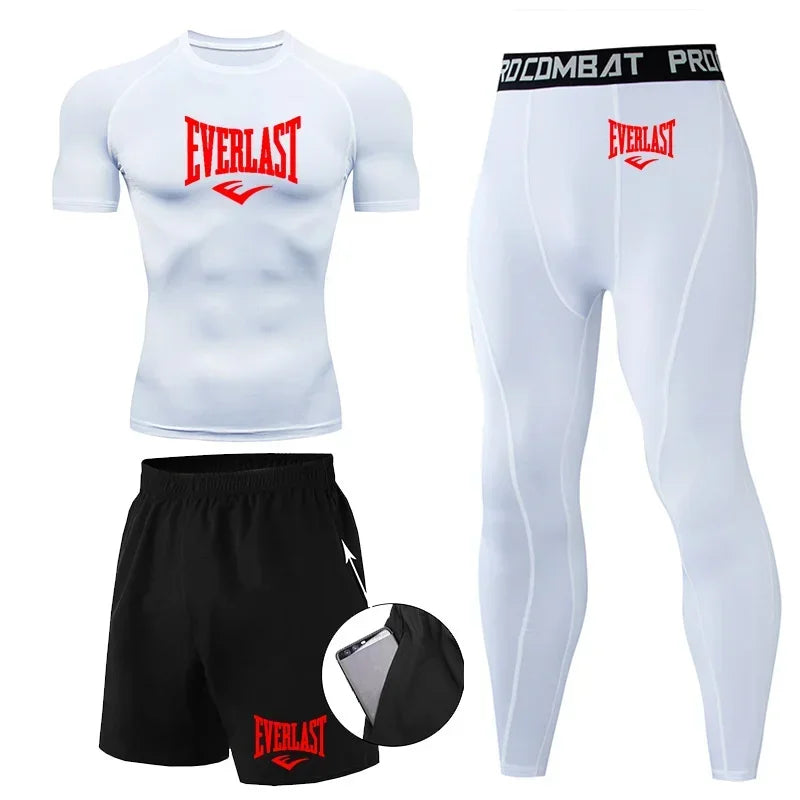 Everlast Men's Sports Fitness Set Long Sleeve Tight+Shorts+Compression Pants
