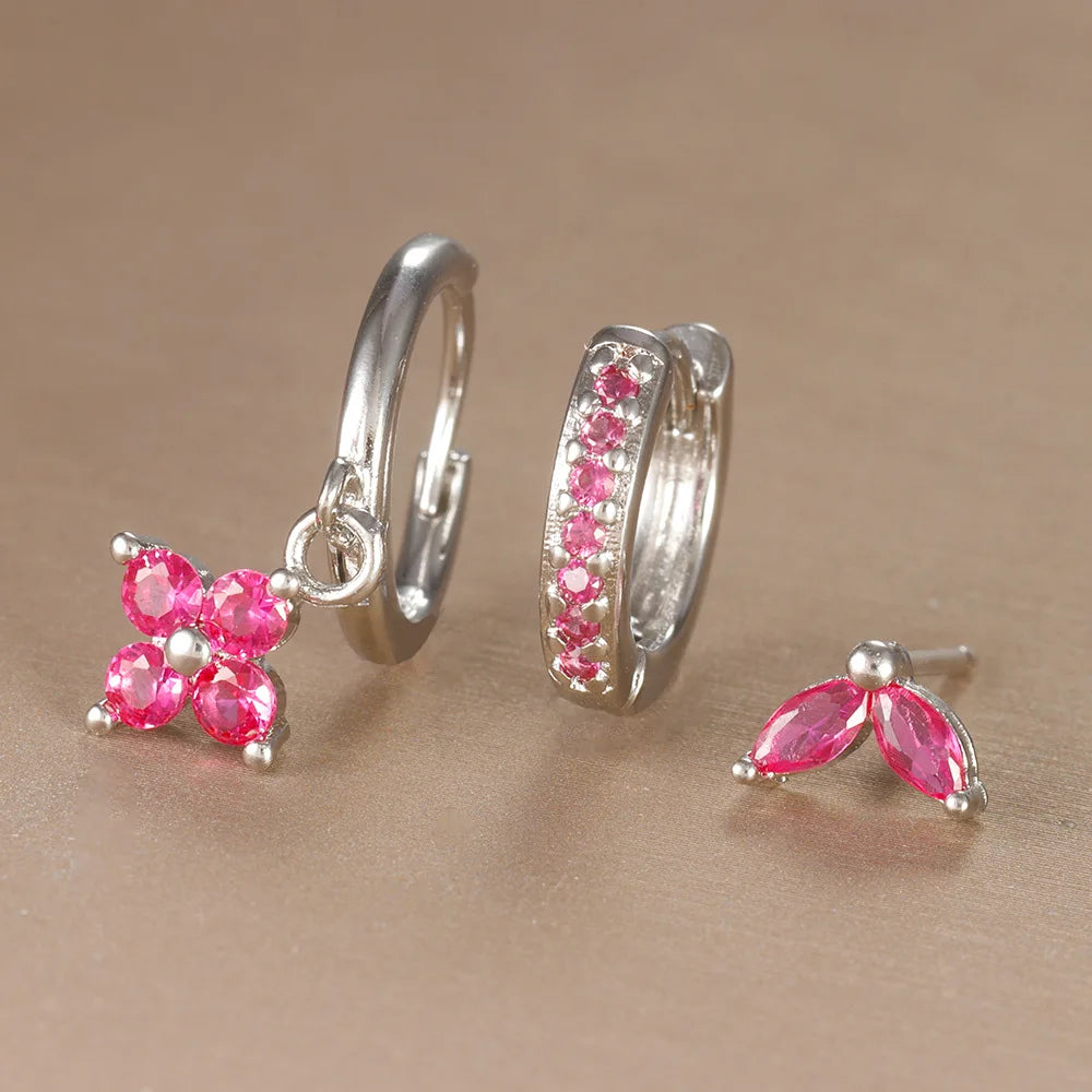 3PCS Trendy Stainless Steel Flower Drop Earring Set for Women Crystal Zirconia