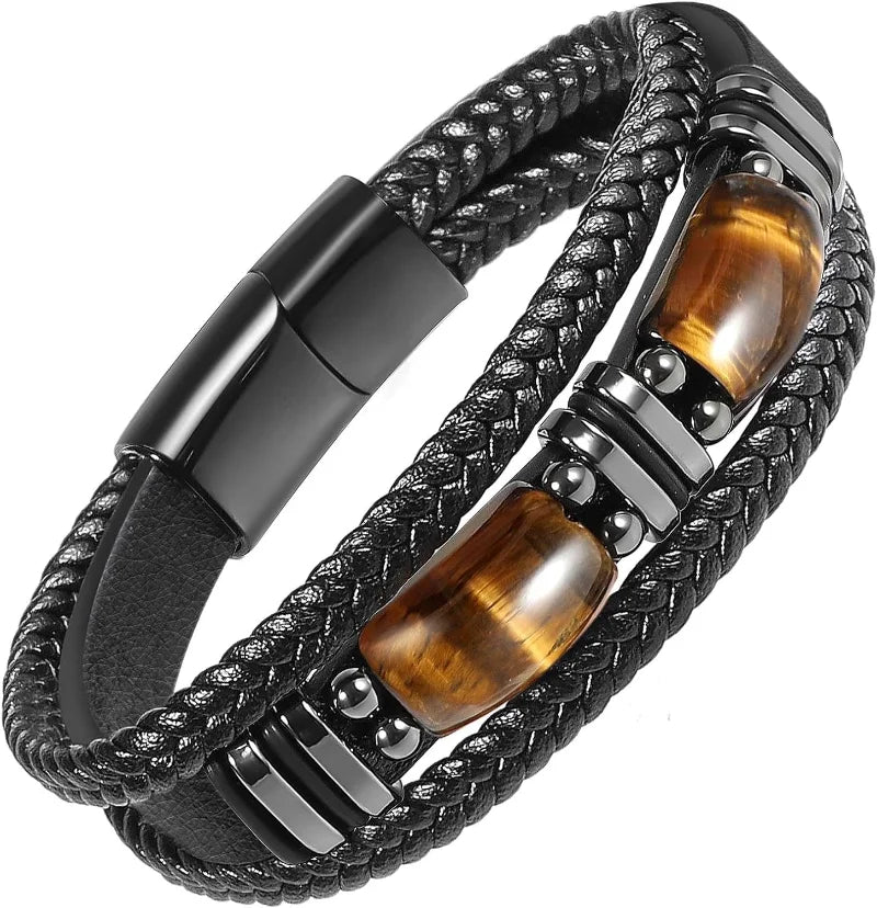 Tiger Eye Black Leather Bracelet Men Natural Gemstone Crystal Stone Jewelry