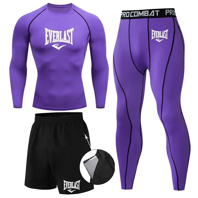 Everlast Men's Sports Fitness Set Long Sleeve Tight+Shorts+Compression Pants