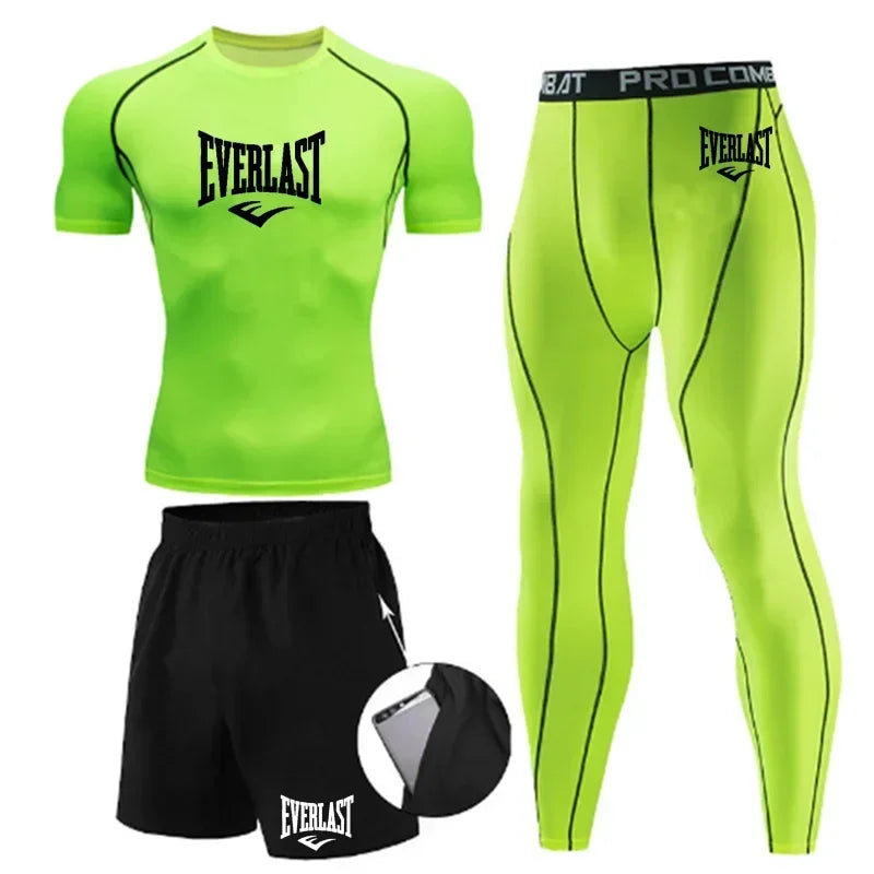 Everlast Men's Sports Fitness Set Long Sleeve Tight+Shorts+Compression Pants