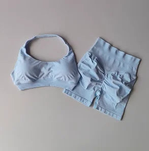 Sexy Halter Neck Beautiful Back High Waist Peach Sports Bras Shorts Suit Pilates