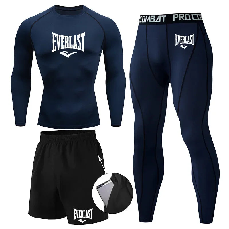 Everlast Men's Sports Fitness Set Long Sleeve Tight+Shorts+Compression Pants