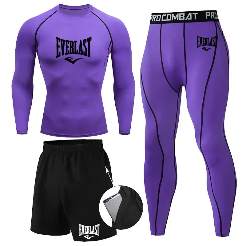 Everlast Men's Sports Fitness Set Long Sleeve Tight+Shorts+Compression Pants