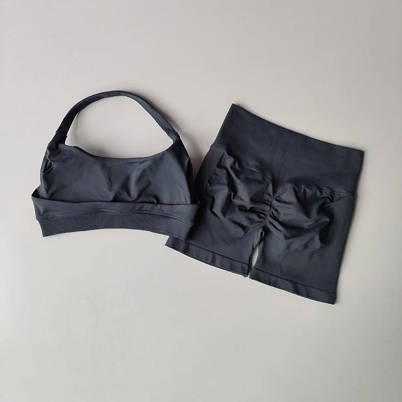 Sexy Halter Neck Beautiful Back High Waist Peach Sports Bras Shorts Suit Pilates