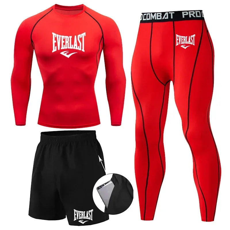 Everlast Men's Sports Fitness Set Long Sleeve Tight+Shorts+Compression Pants