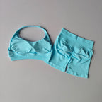 Sexy Halter Neck Beautiful Back High Waist Peach Sports Bras Shorts Suit Pilates