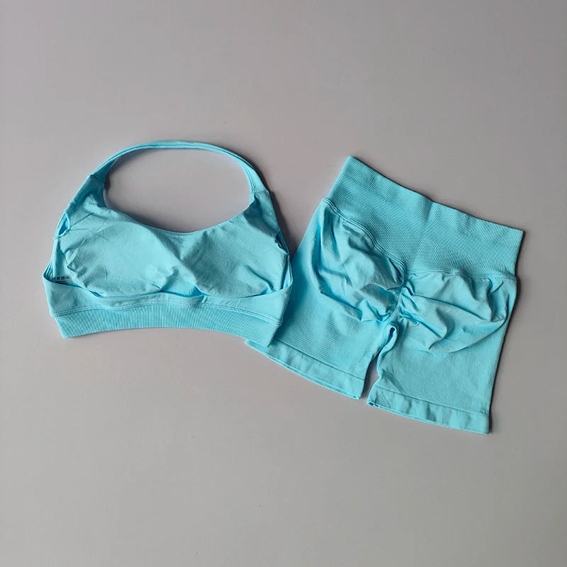 Sexy Halter Neck Beautiful Back High Waist Peach Sports Bras Shorts Suit Pilates