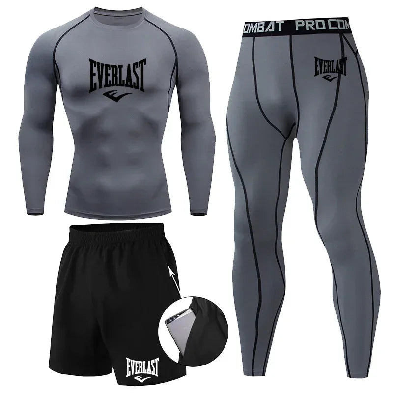Everlast Men's Sports Fitness Set Long Sleeve Tight+Shorts+Compression Pants