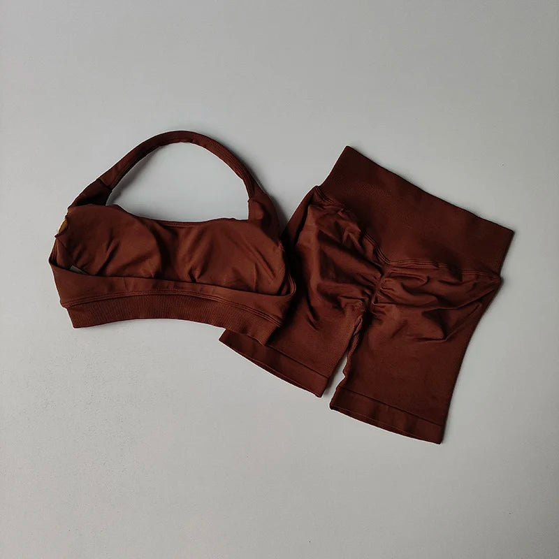 Sexy Halter Neck Beautiful Back High Waist Peach Sports Bras Shorts Suit Pilates