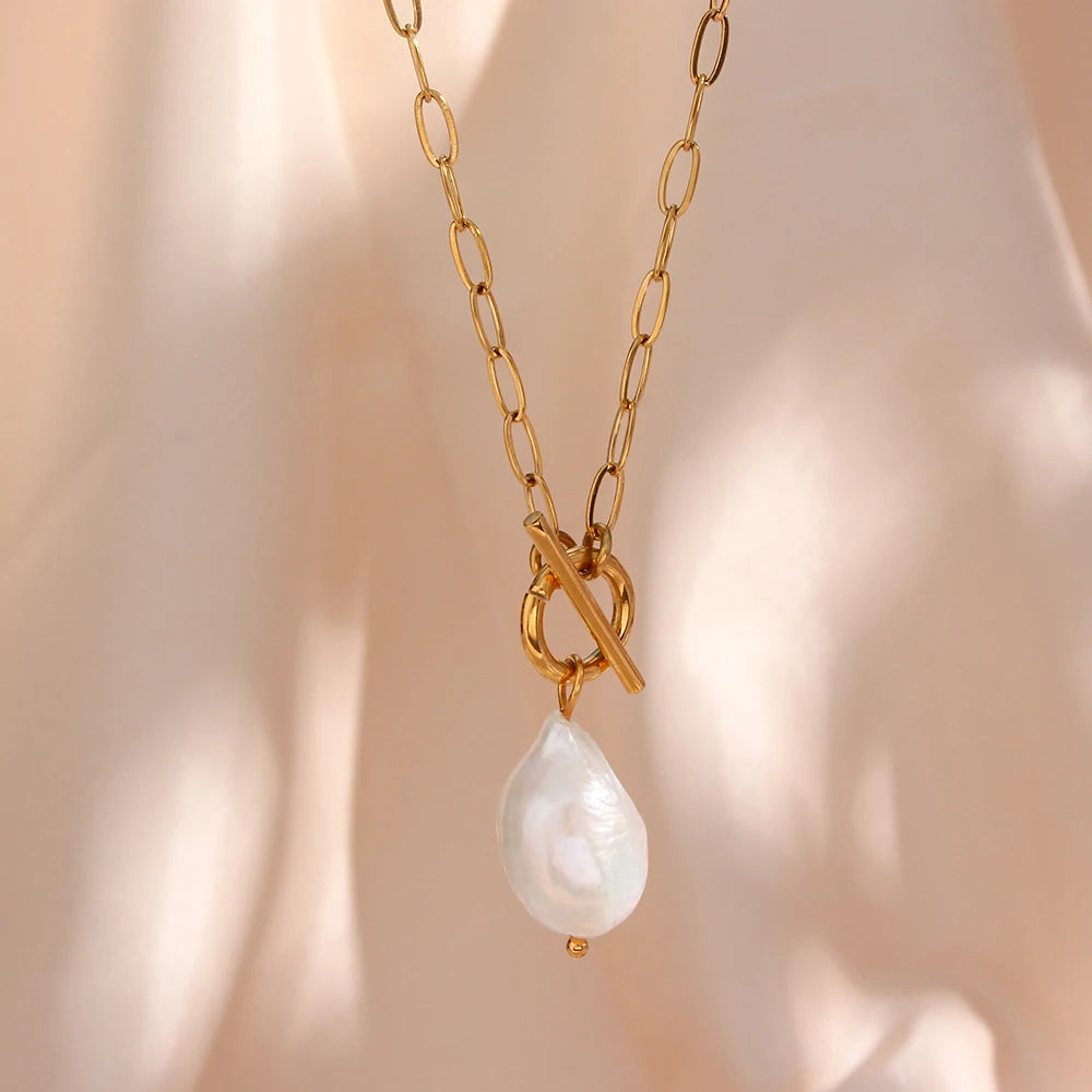La. Muses Baroque Freshwater Pearl Pendant Stainless Steel Women's Necklace 18K