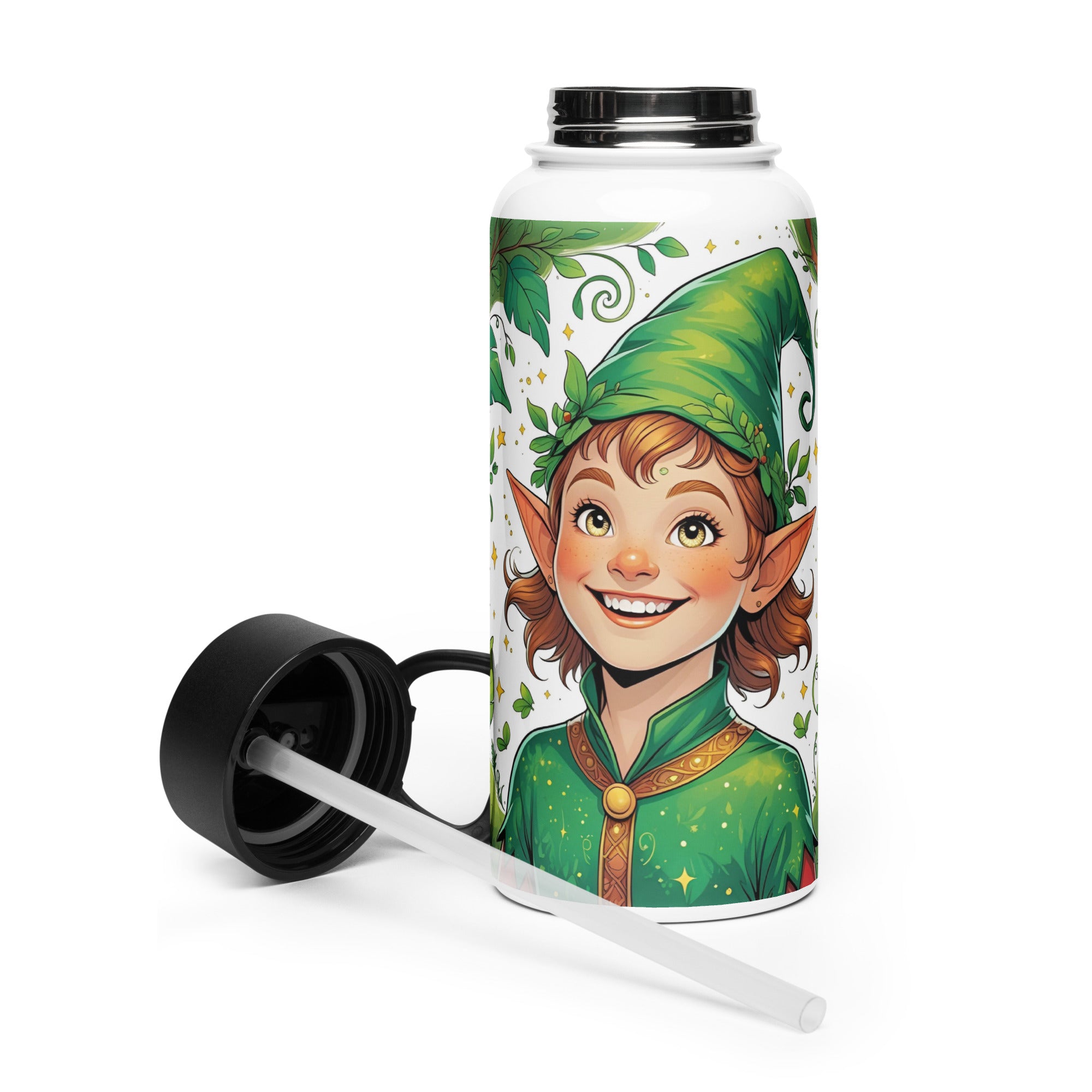 Stainless Steel Water Bottle with a Straw und einen Elfen Junden Motiv für Schulkind