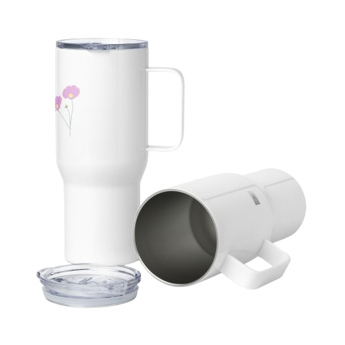 Travel Mug with a Handle in weiss mit zarten Blumen in rosa