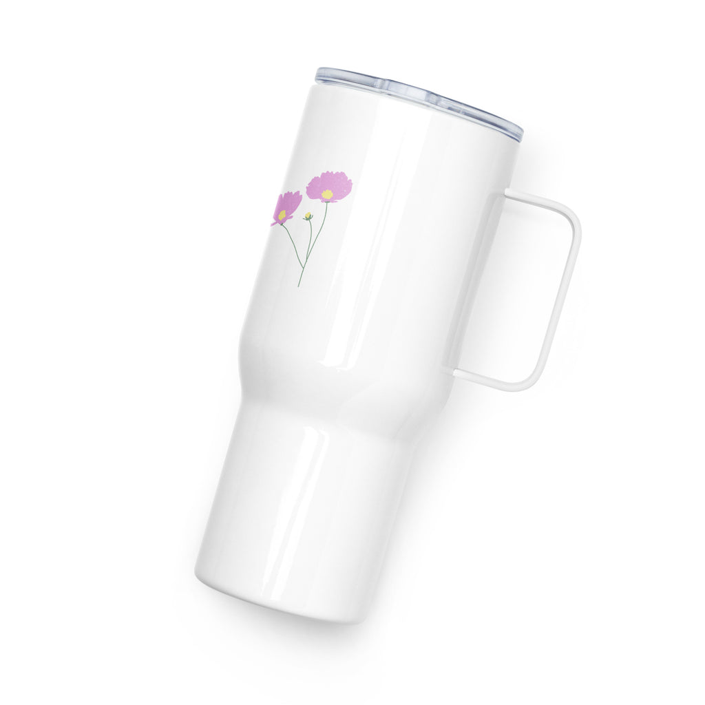Travel Mug with a Handle in weiss mit zarten Blumen in rosa