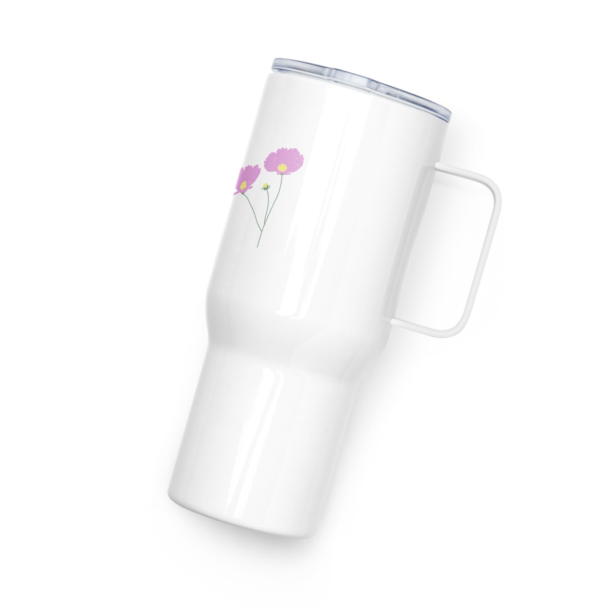 Travel Mug with a Handle in weiss mit zarten Blumen in rosa