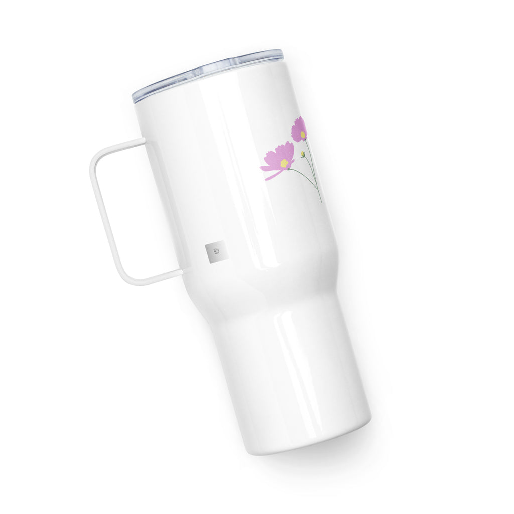 Travel Mug with a Handle in weiss mit zarten Blumen in rosa